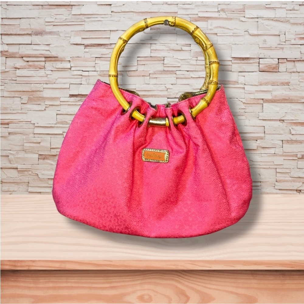 Lilly Pulitzer Vibrant Pink Shoulder Bag with Gold Bamboo Handles